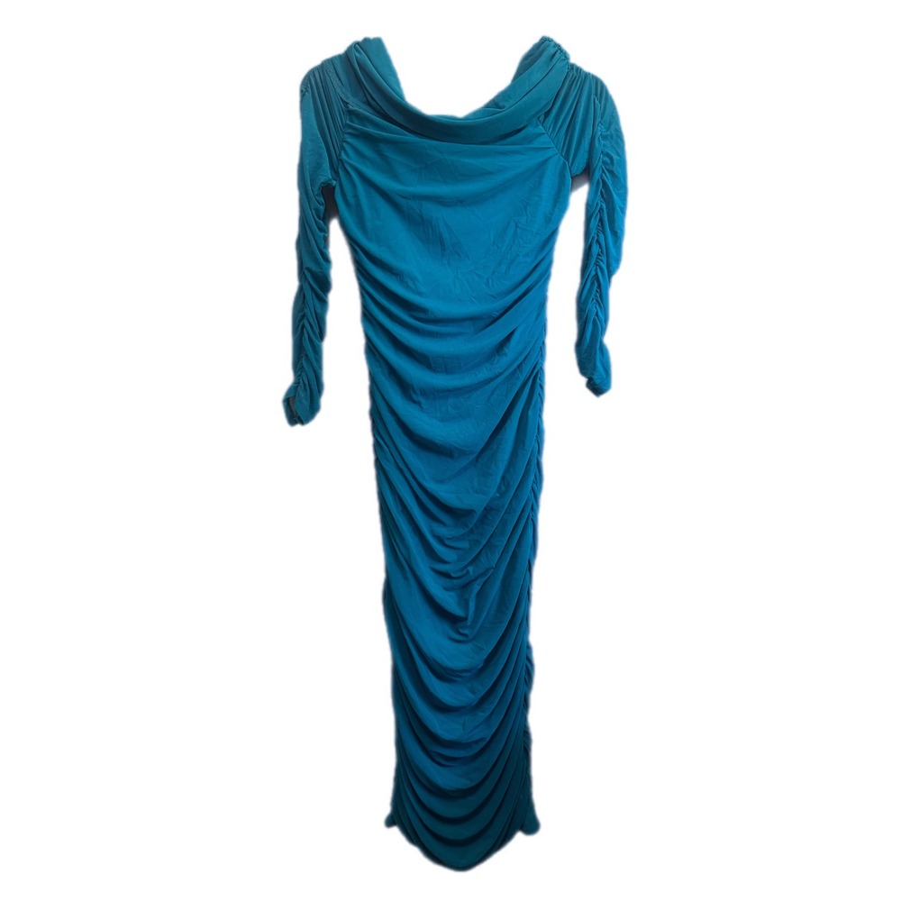 PrettyGarden Ruched Maxi Dress Womens Medium Teal New Cowl Neck Mesh‎ Bodycon